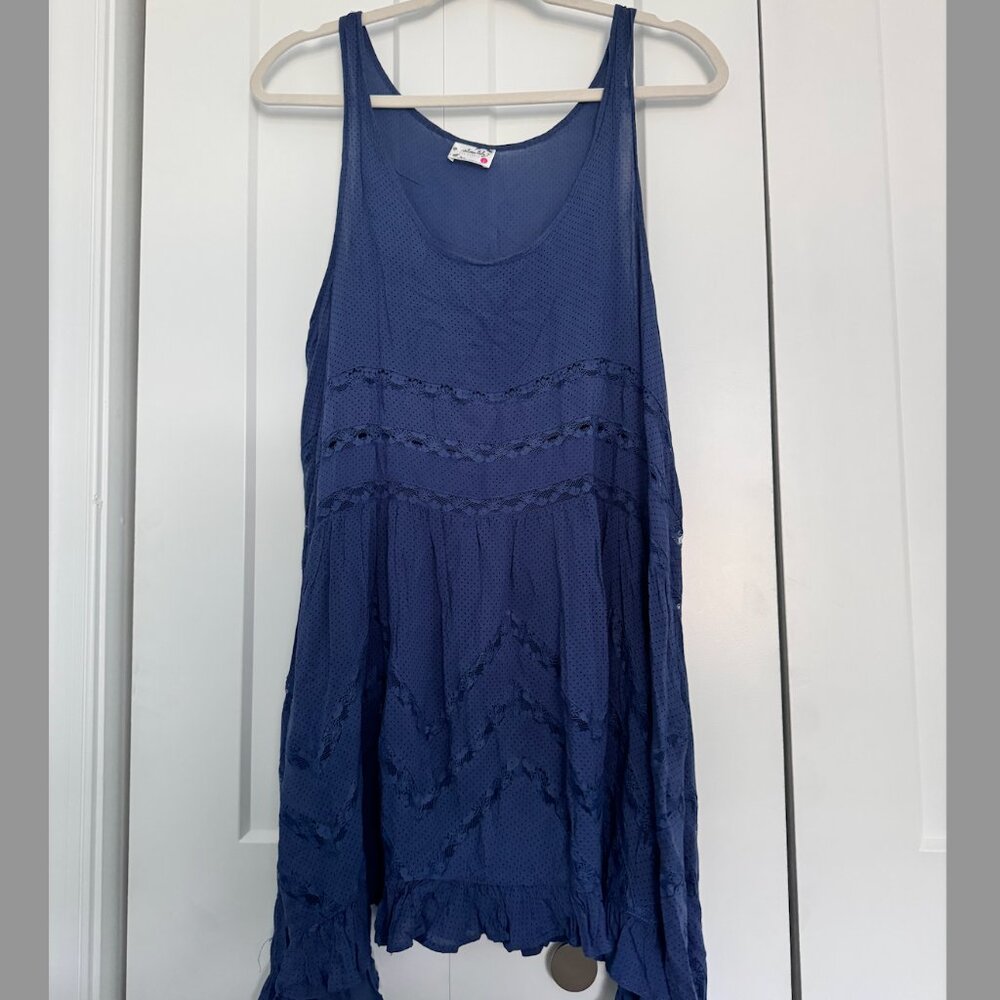 Intimately  Free People  Dress Blue Black Polka Dots Chevron Lace Ruffled Size L